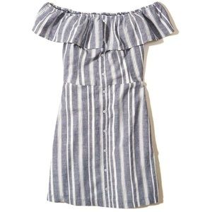 Hollister Ruffle Off Shoulder / Strapless Linen Blend Striped Mini Dress